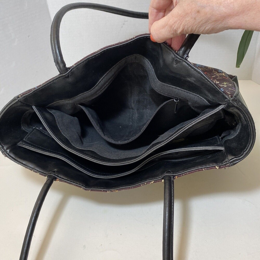 Geisha Shoulder Bag Jade Satin Embroidered Floral Black Leather Weekender Bueno - Picture 6 of 13